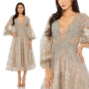 Mac Duggal 20391 Beige Embellished Plunge Neck Bishop Sleeve Dress Size 6 NWT